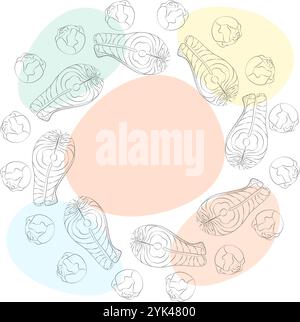 Surligner le steak de saumon et les têtes de choux de bruxelles. Bordure de cadre de cercle sur les taches colorées avec espace de copie. Illustration vectorielle isolée cartes thématiques ou blogs, promo web, étiquette, dépliants Illustration de Vecteur