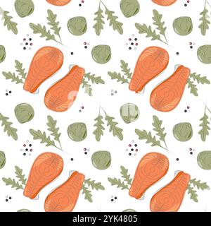 Steaks de saumon, feuilles de roquette, têtes de choux de bruxelles et mélange de poivre sans couture. Friandises. Illustration vectorielle isolée promo ou cartes de jour de l'alimentation saine fond, dépliants, bannière, étiquette Illustration de Vecteur