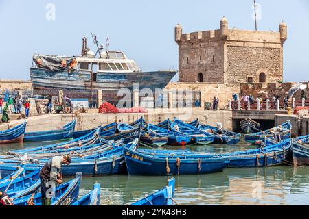 Bateaux de pêche artisanale, en bois peint en bleu, dans le port de pêche d'Essaouira Banque D'Images