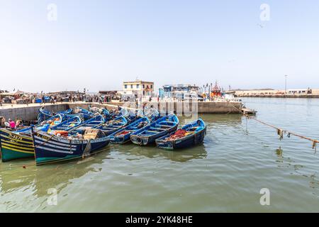 Bateaux de pêche artisanale, en bois peint en bleu, dans le port de pêche d'Essaouira Banque D'Images