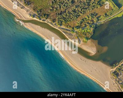 Vue aérienne de la Gola del ter, l'embouchure de la rivière ter sur une plage de la Costa Brava dans le Empordà (Baix Empordà, Gérone, Catalogne Espagne) Banque D'Images