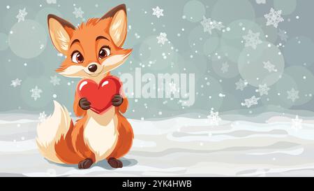 Joli renard de dessin animé heureux tenant l'illustration vectorielle de coeur rouge sur un fond d'hiver. Illustration de Vecteur