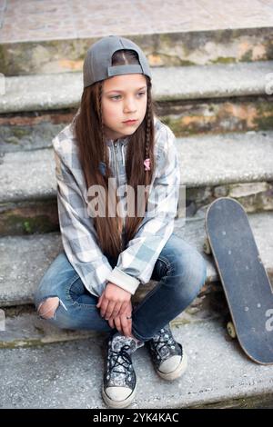 Fille avec skateboard enfant fille assis sur des escaliers en béton avec skateboard Copyright : xZoonar.com/YuryxZapx 1053977147st Banque D'Images