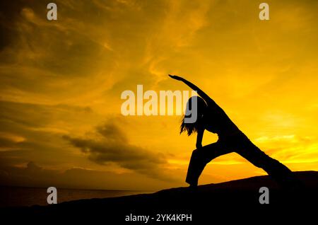 Yoga dans la nature Silhouette de femme pratiquant Yoga Warrior pose Copyright : xZoonar.com/szefeix 1053984929st Banque D'Images