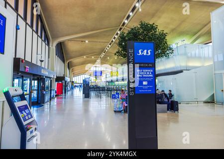 La zone d'enregistrement en libre-service SAS de l'aéroport international Newark Liberty est dotée d'une architecture moderne et d'une signalisation claire. New Jersey, États-Unis. Banque D'Images