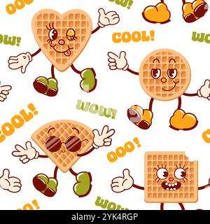 Motif sans couture de gaufres viennoises, personnages de dessins animés rétro mignons. Délicieux bonbons doux. Groovy, vintage. Style ancien à la mode. Souriant, clin d'œil, cool Illustration de Vecteur
