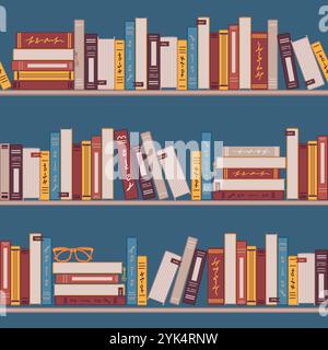 Un motif sans couture avec des étagères de style dessin animé, parfait pour les amateurs de lecture. Idéal pour une utilisation comme papier peint, impression de tissu, emballage, ou comme Illustration de Vecteur
