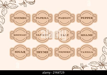 Vintage ensemble d'étiquettes et d'autocollants pour organiser des pots d'épices dans votre garde-manger. Parfait pour étiqueter les herbes et les épices pour améliorer le rangement et la conservation de la cuisine Illustration de Vecteur