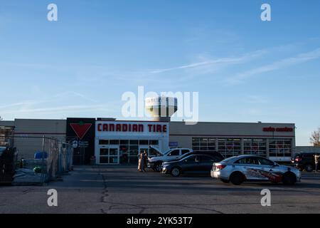 Magasin Canadian Tire sur Mill Street East avec château d'eau en arrière-plan à Tilbury, Ontario, Canada Banque D'Images