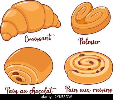 Illustrations de dessins animés de pâtisseries françaises, desserts de boulangerie traditionnels. Croissant, pain au chocolat, pain aux raisins secs, palmier. Jeu de dessins vectoriels. Illustration de Vecteur