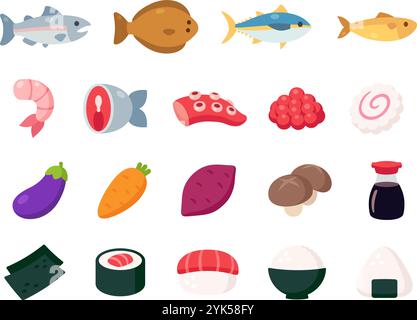 Jeu d'icônes de dessin animé d'ingrédients alimentaires japonais. Poissons et fruits de mer, légumes, sushis et plats de riz, illustrations vectorielles simples et mignonnes. Illustration de Vecteur