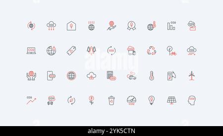 Carbone neutre, zéro net, production d'énergie éco durable, réduction de la ligne de consommation ensemble d'icônes. Diminution de la pollution par le CO2, illustration vectorielle de symboles minces noirs et rouges d'économie circulaire Illustration de Vecteur