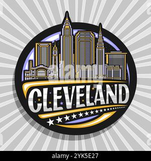 Logo vectoriel pour Cleveland, étiquette de cercle noir avec illustration de contour du paysage urbain de cleveland sur fond de ciel nocturne, réfrigérateur de conception d'art Illustration de Vecteur