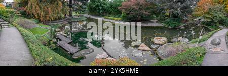 Boulogne-Billancourt, France - 11 12 2024 : jardin d'Albert Kahn. Pan9oramic vue d'un étang Koi, arbres colorés et feuilles d'érable rouge dans un gard japonais Banque D'Images