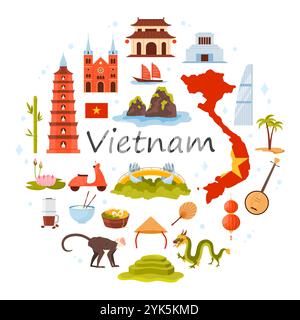 Voyage au Vietnam set, éléments culturels et monuments, nourriture dans la bannière infographique ronde. Carte et drapeau du pays, Mausolée de Ho Chi Minh, soupe de nouilles de Pho, illustration vectorielle de dessin animé de la cathédrale de Saigon Illustration de Vecteur