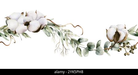 Branches d'eucalyptus avec fleurs de coton. Bordure sans couture de l'aquarelle peinte à la main illustrations florales isolées avec Silver Dollar, Seded Eucalypt Banque D'Images