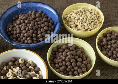 Ensemble de divers bol de céréales pour le petit déjeuner. Anneaux de maïs avec chocolat et céréales Banque D'Images