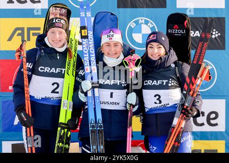 Sjusjøen 20241117. Sjusjøen 20241117. Ingrid Landmark Tandrevold a gagné tandis que Maren Hjelmeset Kirkeeide (à gauche) est arrivée deuxième et Dorothea Wierer, italienne (à droite), troisième du 12,5 km de départ conjoint en biathlon féminin à la Sjusjøen Arena Natrudstylen. Photo : Geir Olsen / NTB photo : Geir Olsen / NTB Banque D'Images