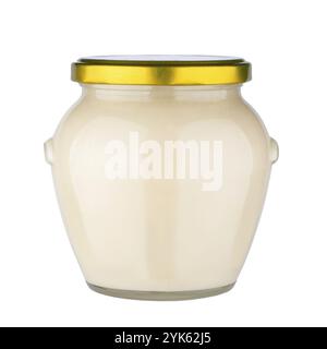 Pot de miel en verre isolé sur fond blanc Banque D'Images