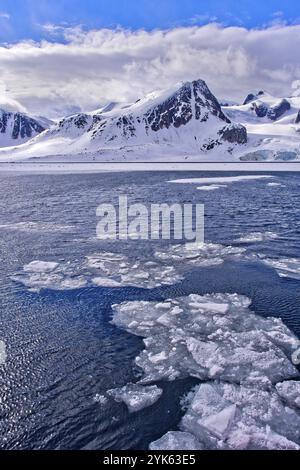 Dérive de la glace flottante et des montagnes enneigées, Iceberg, flotteurs de glace, Albert I Land, Arctique, Spitzbergen, Svalbard, Norvège, Europe Banque D'Images