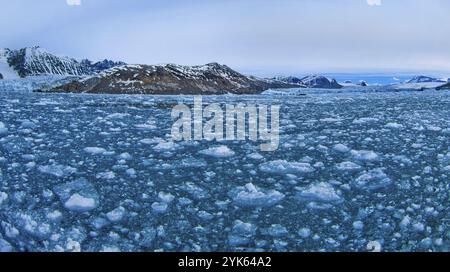 Iceberg, Blue Ice Floes, glace flottante à la dérive, montagnes enneigées, Albert I Land, Arctique, Spitzberg, Svalbard, Norvège, Europe Banque D'Images