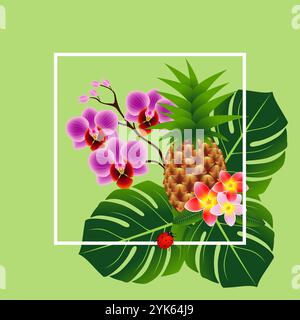Bannière estivale, fleurs tropicales et feuilles, sur fond vert. Illustration de Vecteur