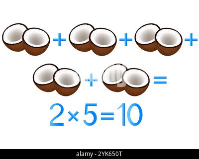 Jeux éducatifs pour les enfants, action de multiplication, exemple avec des noix de coco. Illustration de Vecteur