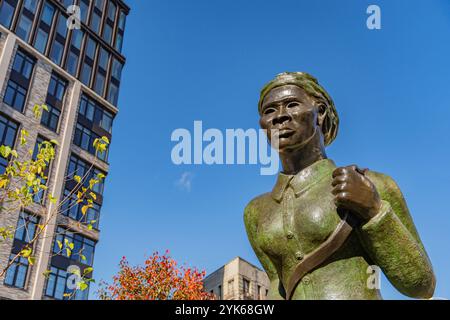 New York, NY US - 11 novembre 2024 : le Harriet Tubman Memorial ou Swing Low par l'artiste Alison Saar à Harlem. Banque D'Images