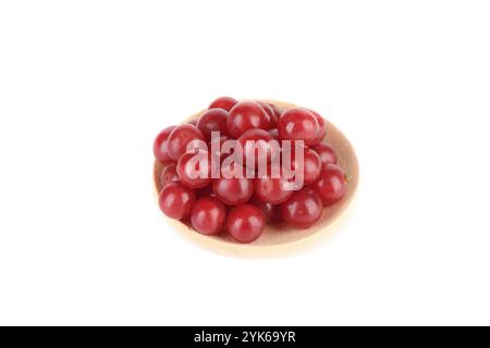 Un bouquet de baies de viburnum mûres sur une assiette de service en bois sur fond blanc. Copier l'espace. Banque D'Images