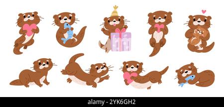 Personnages de loutres de mer. Animaux aquatiques drôles. Mignons petits mammifères marins. Différentes poses et actions. Mascotte Kawaii pour enfants. Créature de dessin animé tenant des poissons Illustration de Vecteur
