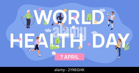 Affiche de la Journée mondiale de la santé. Style de vie sportif et actif. Heureux des gens en bonne santé qui courent ou qui sautent à la corde. Sportif jouant avec la balle. Entraînement. LSS bien-être Illustration de Vecteur