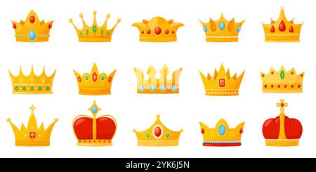 Couronnes dorées de dessin animé. Coronas royales avec pierres précieuses. Eléments monarchiques. Chapeaux en métal très précieux. Symboles impériaux du pouvoir. Reine bijoux Headwea Illustration de Vecteur