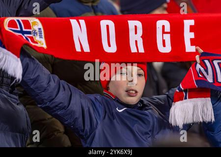 Oslo, Norvège 17 novembre 2024 les fans manifestent leur soutien avant le match de football du groupe B de la Ligue des Nations de l'UEFA entre la Norvège et le Kazakhstan qui se tient au stade Ullevaal à Oslo, en Norvège crédit : Nigel Waldron/Alamy Live News Banque D'Images