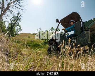 John et Melanie Cammack, propriétaires du ranch de Buffalo de Cammack, exploitent un ranch de buffle de 13 000 acres avec 600 vaches mères, à Stoneville, Dakota du Sud, le 21 juillet 2021. John Cammack est un éleveur de quatrième génération. Le principal défi de cette année est la sécheresse et la meilleure façon d'adapter les pratiques de pâturage au manque d'eau. Pendant les saisons normales, les nombreux ruisseaux du ranch coulent avec de l'eau. Comme les buffles tournent d'un champ à l'autre, ils doivent souvent traverser un ou plusieurs ruisseaux chaque jour. M. Cammack affirme que, d’abord et avant tout, l’utilisation de l’USDA présente des avantages financiers. Il est suivi par l'utilisation du NRCS Banque D'Images