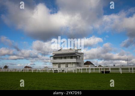 Le Parade Ring vu à l'hippodrome d'Epsom. Les courses hippiques ont lieu à Epsom Downs depuis 1661. Le parcours est surtout connu pour avoir organisé trois des premières courses de plat de grade 1 du Royaume-Uni, les Oaks, la Coronation Cup et le Derby. Le Derby attire régulièrement des foules de plus de 40 000 personnes. En près de 400 ans d'histoire, de nombreux rois britanniques, reines et membres de l'aristocratie ont assisté à des courses à Epsom. Banque D'Images