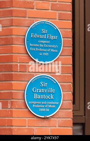 Plaques bleues pour Sir Edward Elgar et Sir Granville Bantock, Université de Birmingham, Royaume-Uni Banque D'Images