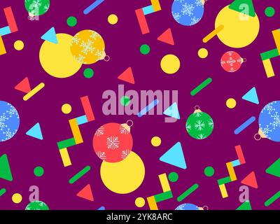 Motif géométrique sans couture avec boules de Noël. Décorations de Noël et formes géométriques dans le style memphis des années 80. Conception de papiers peints, emballages, cov Illustration de Vecteur