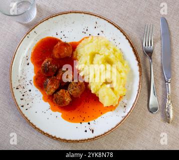 assiette ronde blanche avec boulettes de viande saupoudrées d'aneth haché dans une sauce tomate avec purée de pommes de terre Banque D'Images