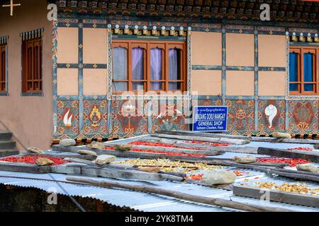 Piments séchant sur un toit, une vue commune au Bhoutan. Banque D'Images