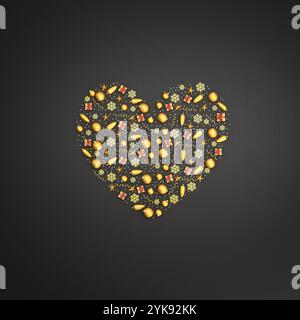 Ornements de noël dorés à plat disposés comme un coeur sur une plaque de pierre noire. Copiez l'espace autour pour ajouter facilement un message de noël. Banque D'Images