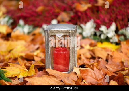 lanterne funéraire argentée humide par la pluie avec une bougie rouge sur une tombe couverte de feuilles d'automne devant la bruyère rouge dans un fond flou Banque D'Images