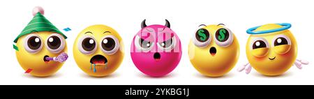 Jeu de caractères vectoriels clown. Caractère emoji comme clown d'anniversaire, mal et ange clip art avec des éléments d'icône jaune dans le visage bavurant, riche et gentil Illustration de Vecteur