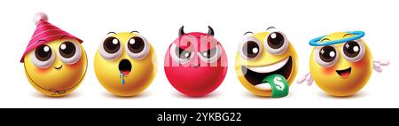 Jeu de caractères vectoriels de langue d'argent. Clipart emojis anniversaire clown, mal, personnage ange avec des éléments d'icône jaune en bavure, riche, gentil Illustration de Vecteur