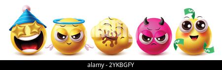 Jeu de caractères vectoriels emoji affamés. Clipart emojis dans des expressions faciales affamées, drôles, gentilles, riches et en colère avec ange et caractère maléfique. Vecteur Illustration de Vecteur