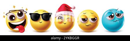 Jeu de caractères vectoriels de noël santa emoji. Emojis santa claus clignant visage portant chapeau costume avec bavure, cool, mignon, triste et froid expressions faciales Illustration de Vecteur