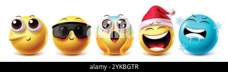 Jeu de caractères vectoriels emoji choquant. Pinocchio et Xmas santa clipart personnage avec emojis expressions faciales comme mignon, cool, surprise, rire Illustration de Vecteur