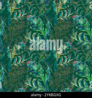 Un motif botanique luxuriant orné de fleurs et de feuilles colorées, parfait pour des motifs inspirés de la nature. Motif sans couture aquarelle pour l'impression sur tissu et papier. Banque D'Images