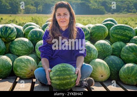 Sheena Krueger supervise les ouvriers qui récoltent 40 acres de pastèques de la ferme Krueger à l'extérieur de Letts, Iowa. La ferme, qui cultive également du cantaloup, des citrouilles, de la courge, des oignons, des poivrons, concombres, tomates et courgettes en vente sur leur propre stand ainsi que dans les épiceries locales font la promotion des produits cultivés localement. Ils participent également au Programme d'aide en cas de catastrophe non assurée de l'Agence des services agricoles (FSA), qui fournit une aide financière en cas de catastrophe naturelle qui cause des pertes de récolte ou empêche les semis afin d'aider les producteurs à recouvrer les coûts. Photo de Preston Keres Banque D'Images