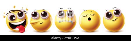 Jeu de caractères vectoriels emoji bavurant. Clipart emojis dans Dizzy, pinocchio, stupide, stress et confusion des expressions faciales jaunes icônes éléments graphiques. Illustration de Vecteur