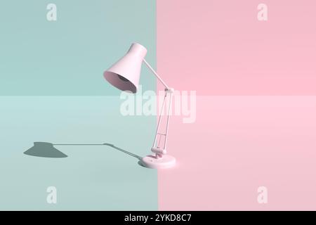 Lampe de bureau rose projetant une ombre sur un fond rose pastel et turquoise, créant une esthétique minimaliste et moderne. Rendu 3D. Banque D'Images